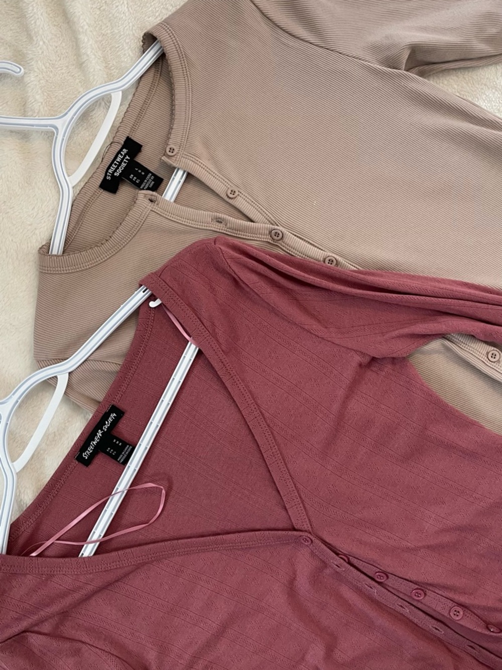 Ribbed Button-Front Tops in Mauve and Taupe